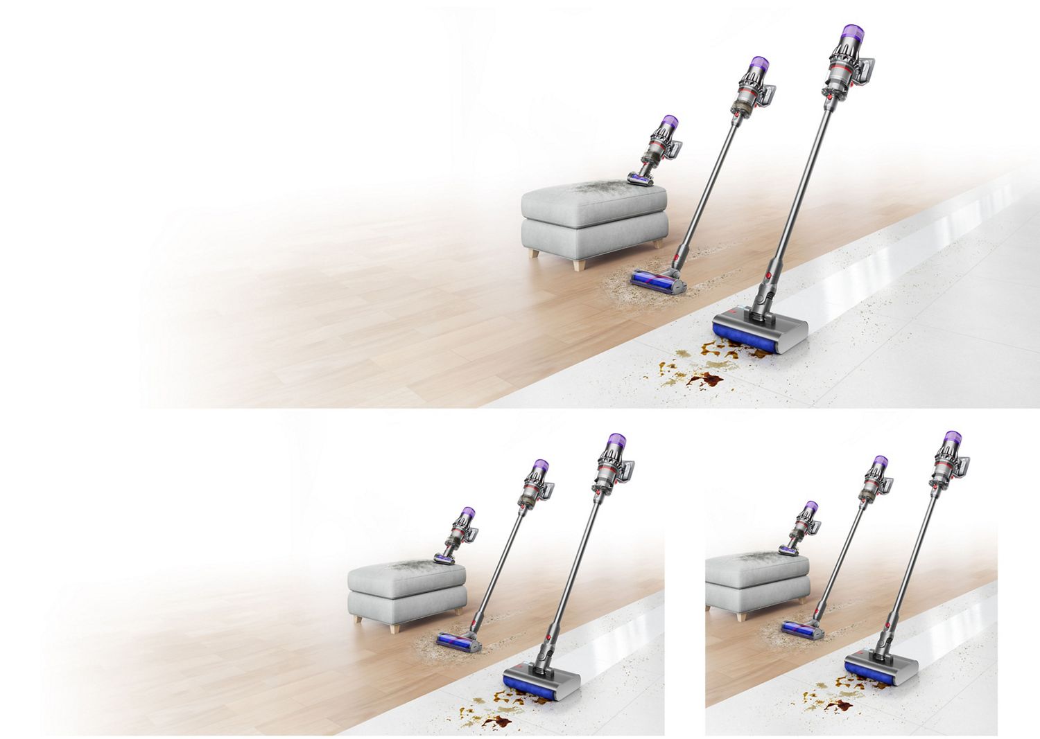 The Dyson V9 vacuum with the Hair screw tool, Motorbar cleaner head and Submarine wet roller head.